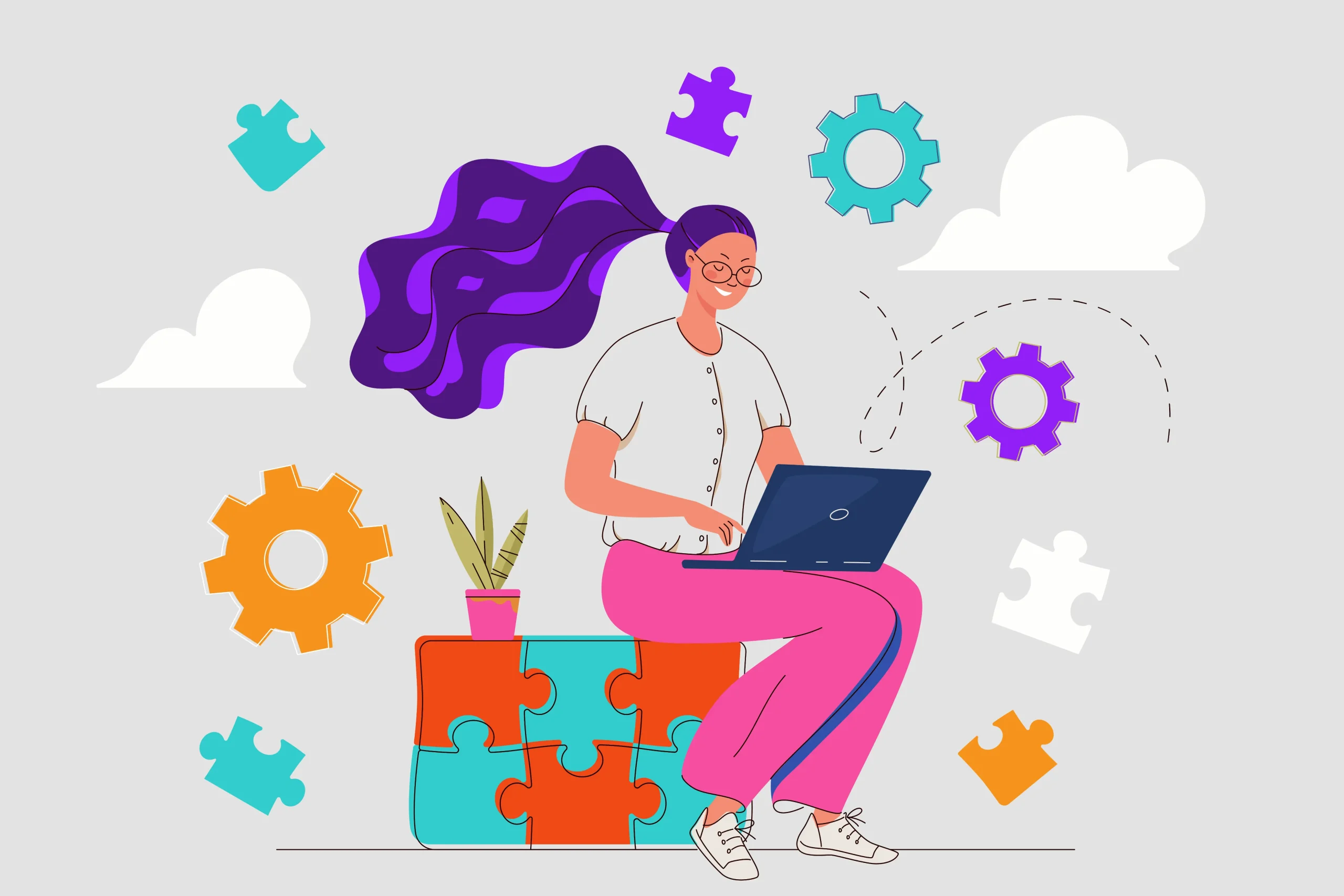 Colourful graphic showing a woman looking at her laptop